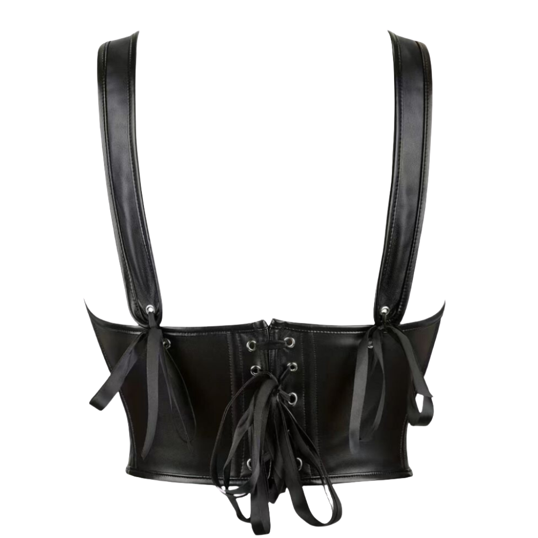 our Lace Tie-Up Bustier Cropped leather Corset Top, featuring exquisite lace detailing and supportive princess seams. This leather corset top Cinches your waist while enjoying maximum comfort and style