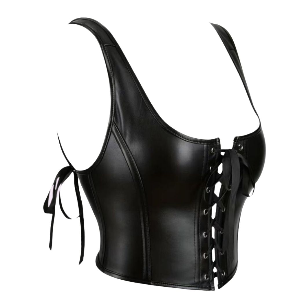 our Lace Tie-Up Bustier Cropped leather Corset Top, featuring exquisite lace detailing and supportive princess seams. This leather corset top Cinches your waist while enjoying maximum comfort and style