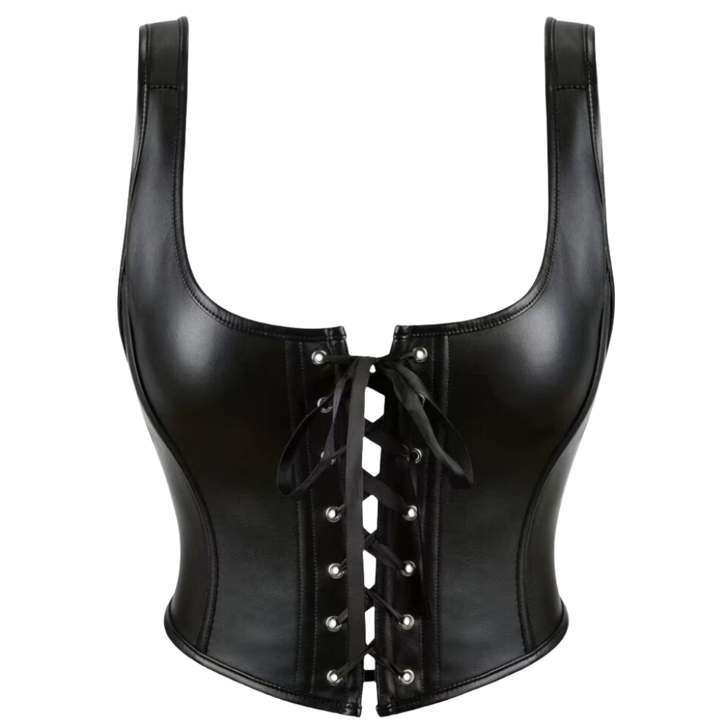 our Lace Tie-Up Bustier Cropped leather Corset Top, featuring exquisite lace detailing and supportive princess seams. This leather corset top Cinches your waist while enjoying maximum comfort and style