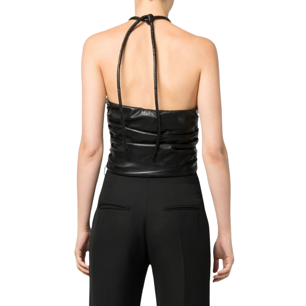 our Ruched Genuine Leather Halter Neck Leather Top. Crafted from lined leather, this top is designed to provide both style and comfort. Shop now for a versatile addition to your wardrobe!