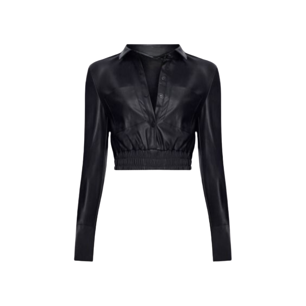 Add a chic touch to your outfit with our Genuine Leather Cropped Button-Down featuring an open eyelet opening and closure. Complete this leather button shirt with a chic collar, thick elastic band on the hem, and two front pockets for storage.