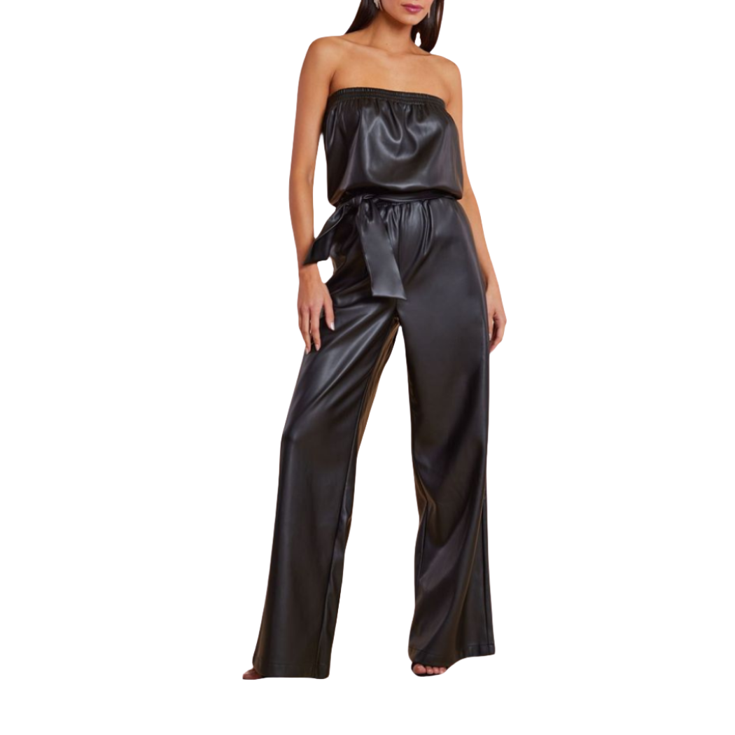 Make a bold statement with our Strapless Genuine Leather Jumpsuit featuring a baggy top, wide leg bottoms, and waist belt details. Crafted from high-quality leather, this jumpsuit exudes style and sophistication.