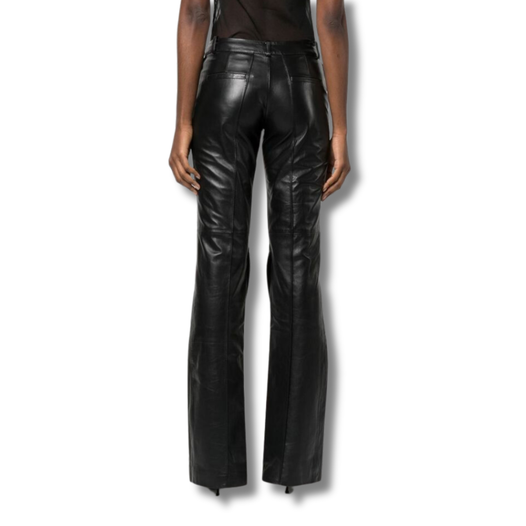 These genuine leather pants feature flare silhouette adds a trendy and flattering look, while the hem cutout detail adds touch of edge and sophistication. These real leather pants have two front pockets and two back pockets, these black leather pants offer convenient storage.