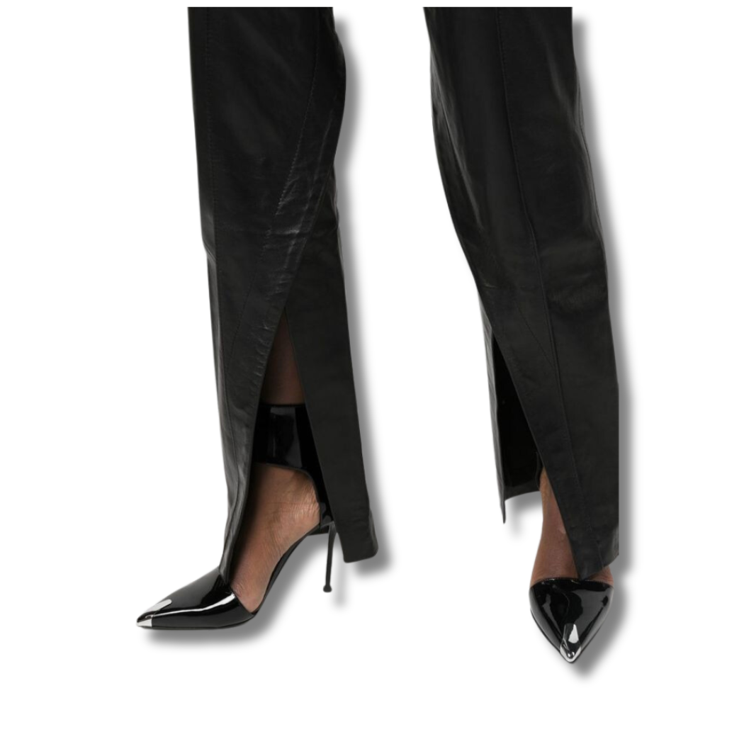 These genuine leather pants feature flare silhouette adds a trendy and flattering look, while the hem cutout detail adds touch of edge and sophistication. These real leather pants have two front pockets and two back pockets, these black leather pants offer convenient storage.