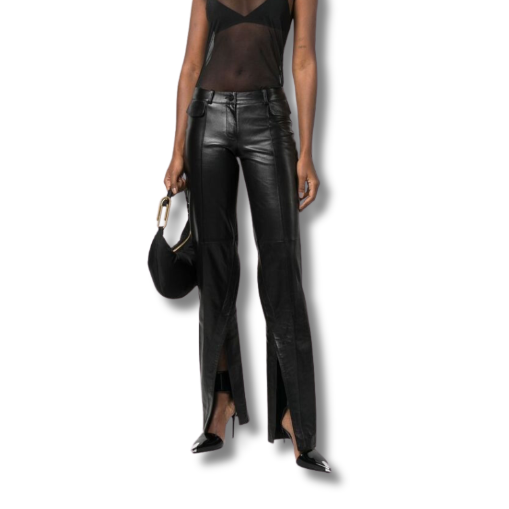 These genuine leather pants feature flare silhouette adds a trendy and flattering look, while the hem cutout detail adds touch of edge and sophistication. These real leather pants have two front pockets and two back pockets, these black leather pants offer convenient storage.