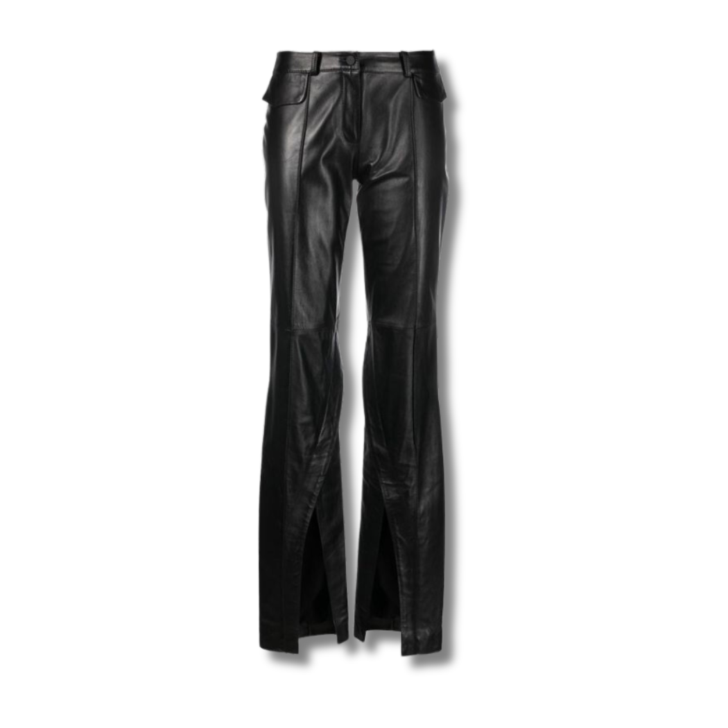These genuine leather pants feature flare silhouette adds a trendy and flattering look, while the hem cutout detail adds touch of edge and sophistication. These real leather pants have two front pockets and two back pockets, these black leather pants offer convenient storage.