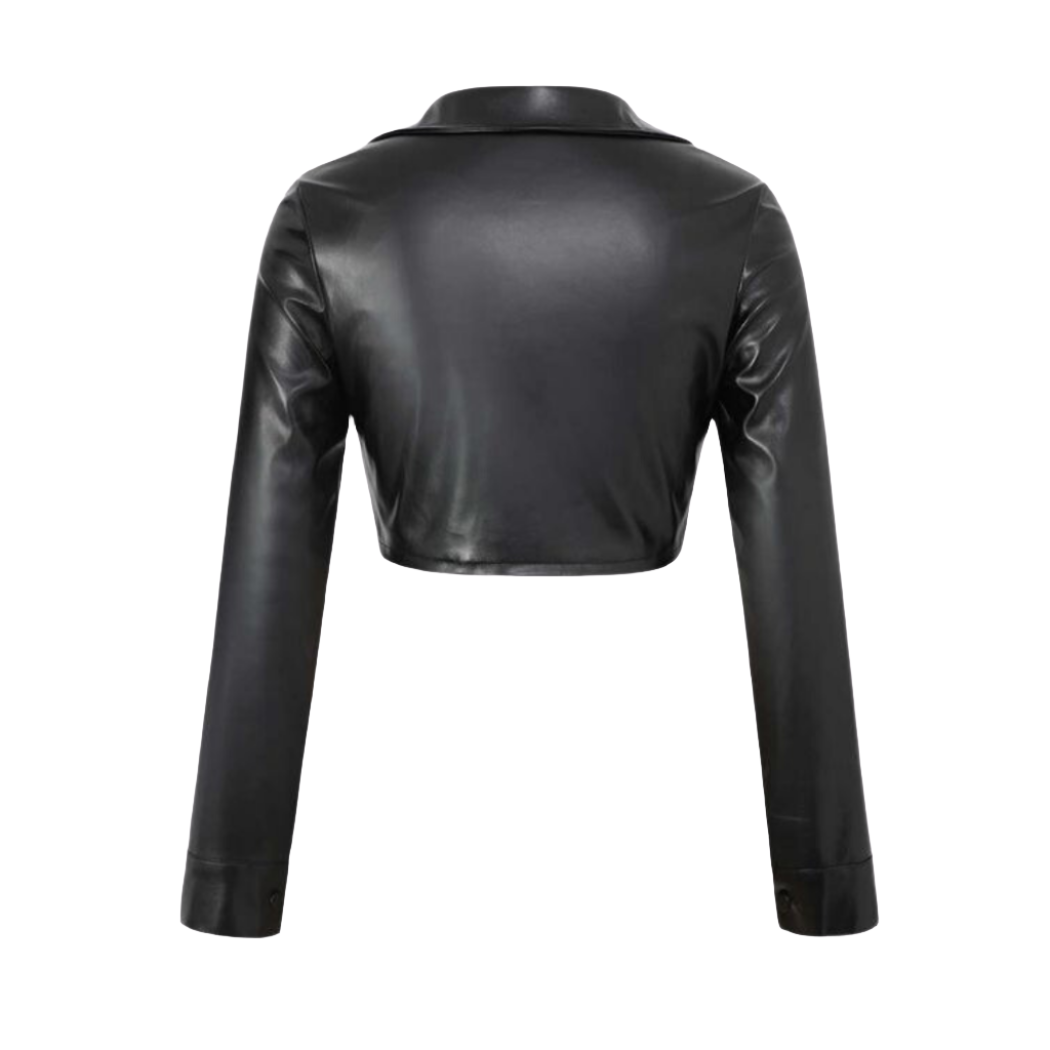 our Genuine Leather Button Down Crop Top featuring chest pockets, a collared neckline, and full sleeves. This leather top is crafted from premium leather, this versatile top adds a touch of luxury to your casual wear.