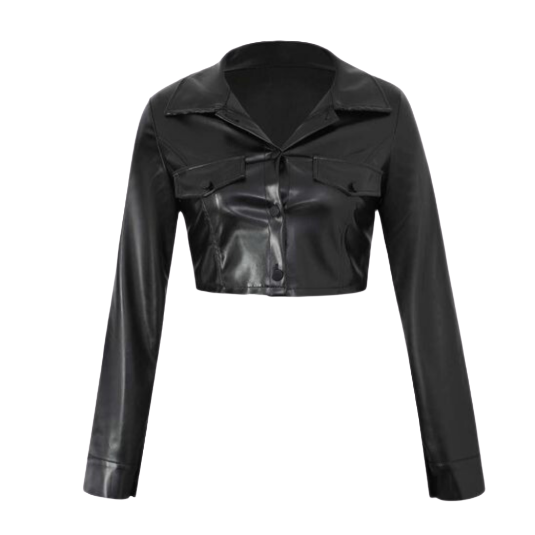 our Genuine Leather Button Down Crop Top featuring chest pockets, a collared neckline, and full sleeves. This leather top is crafted from premium leather, this versatile top adds a touch of luxury to your casual wear.