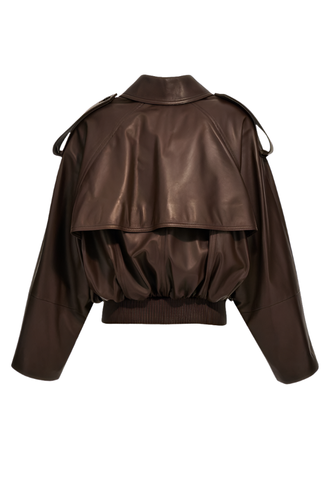 Elevate your style with our versatile chocolate brown leather jacket. Featuring a dual-way collar, elastic waistband, shoulder straps, and double-breasted buttons, this luxurious jacket is perfect for any occasion. Crafted from smooth leather with premium stitching for long-lasting wear.
