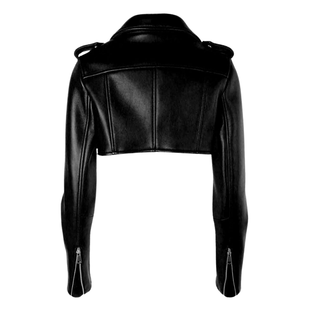 Make a statement in our Stylish Cropped Leather Jacket featuring a lapel collar with silver studs. With silver hardware, shoulder straps, and eyelets, this jacket adds edgy flair to any outfit. Available in black and brown, fully lined for comfort. Shop now!