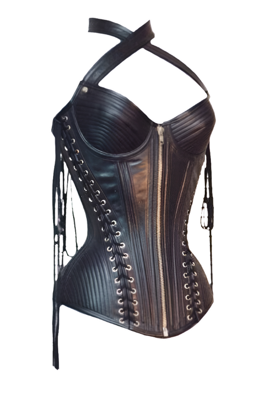 Accentuate your curves with our Genuine Leather Corset, designed to cinch in your body in all the right places. Featuring a beautiful lace-up design on the front and back sides, and a cross halter neck for added elegance. Shop now for easy access with the center front YKK zipper closure!