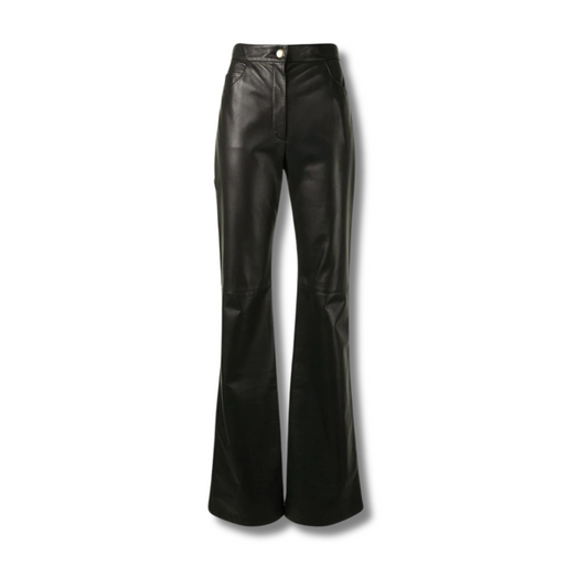  Ailsa Classic Flared Leather Pants, crafted from genuine leather for unparalleled quality and durability. These black leather pants offer a timeless silhouette with a flattering flared leg, providing both style and comfort. 