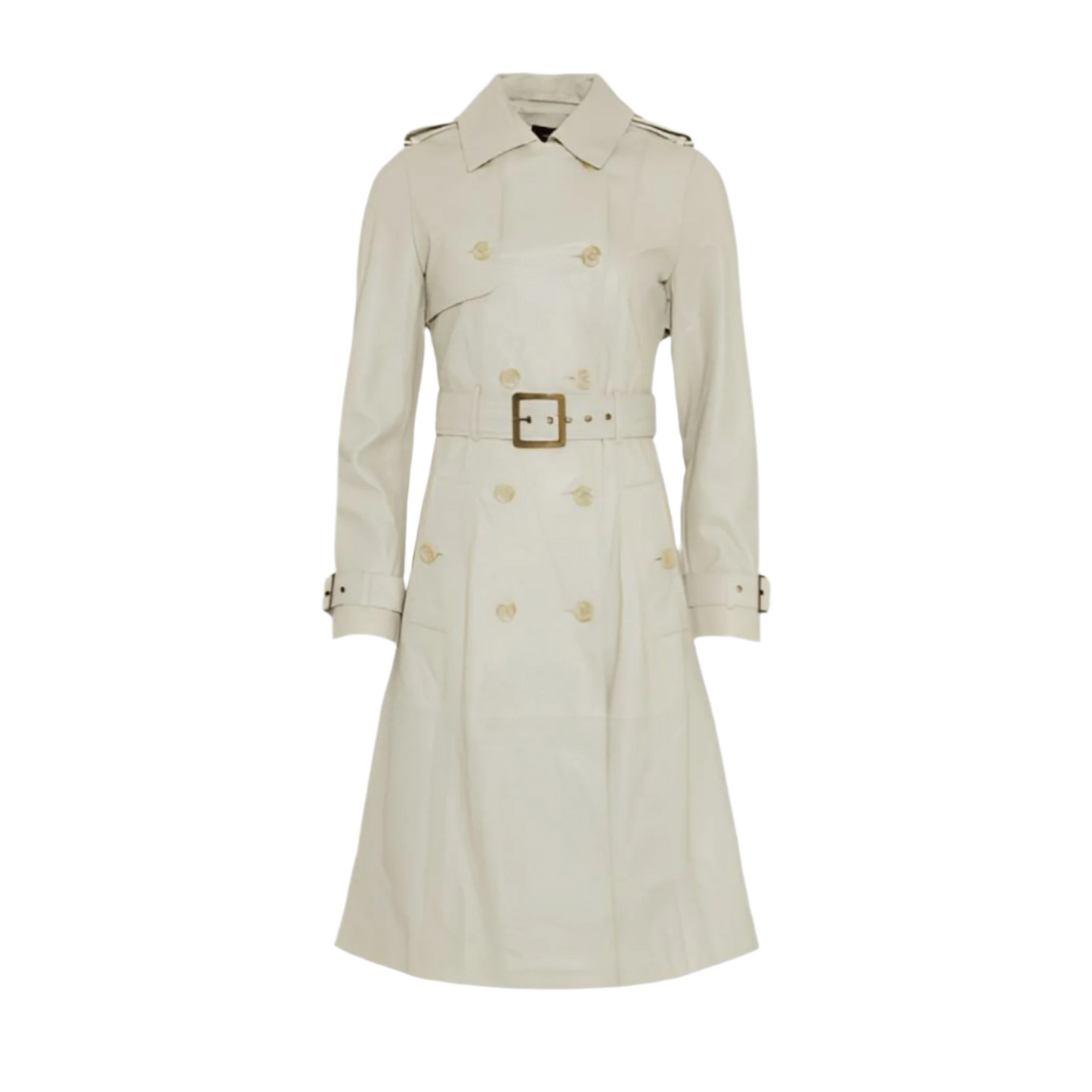 Upgrade your wardrobe with this premium quality genuine leather knee-length white coat. Featuring a double-breasted design, button closure, detachable buckle-up waist belt, and full-length sleeves with adjustable cuff straps. This elegant trench coat style comes with two long front side-pockets, offering both luxury and sophistication