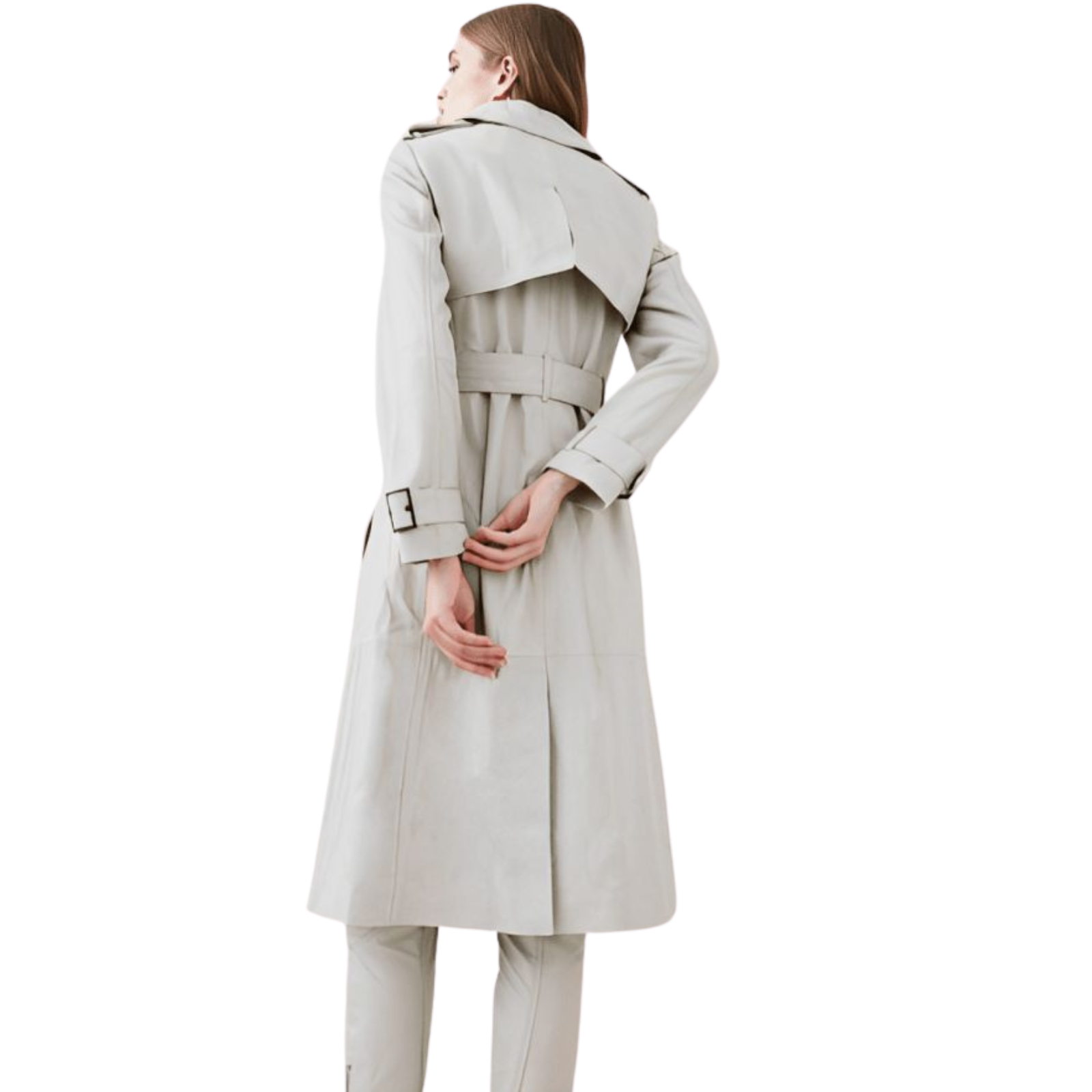 Upgrade your wardrobe with this premium quality genuine leather knee-length white coat. Featuring a double-breasted design, button closure, detachable buckle-up waist belt, and full-length sleeves with adjustable cuff straps. This elegant trench coat style comes with two long front side-pockets, offering both luxury and sophistication