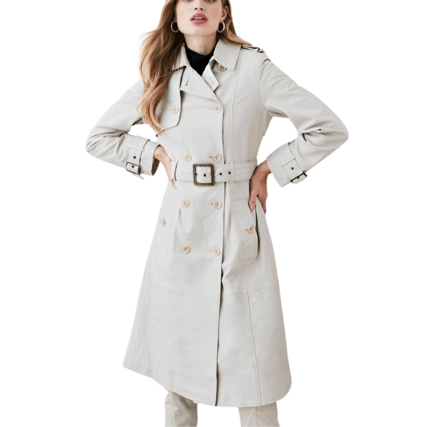 Upgrade your wardrobe with this premium quality genuine leather knee-length white coat. Featuring a double-breasted design, button closure, detachable buckle-up waist belt, and full-length sleeves with adjustable cuff straps. This elegant trench coat style comes with two long front side-pockets, offering both luxury and sophistication