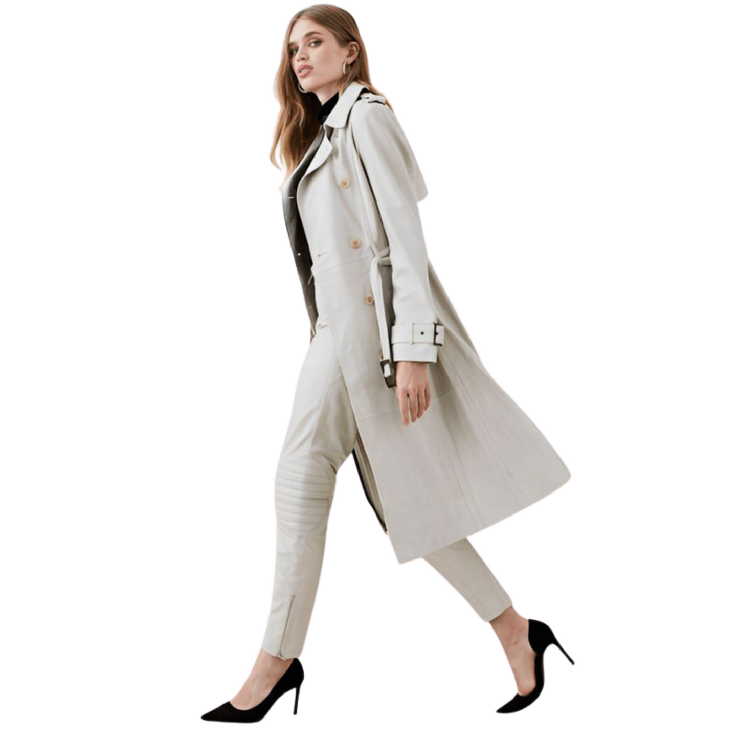 Upgrade your wardrobe with this premium quality genuine leather knee-length white coat. Featuring a double-breasted design, button closure, detachable buckle-up waist belt, and full-length sleeves with adjustable cuff straps. This elegant trench coat style comes with two long front side-pockets, offering both luxury and sophistication