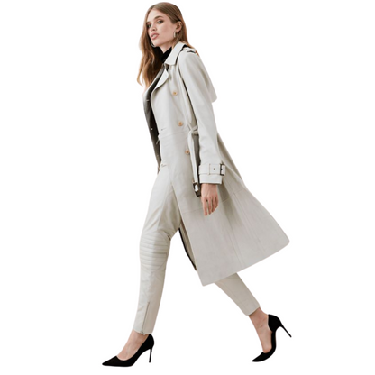 Upgrade your wardrobe with this premium quality genuine leather knee-length white coat. Featuring a double-breasted design, button closure, detachable buckle-up waist belt, and full-length sleeves with adjustable cuff straps. This elegant trench coat style comes with two long front side-pockets, offering both luxury and sophistication