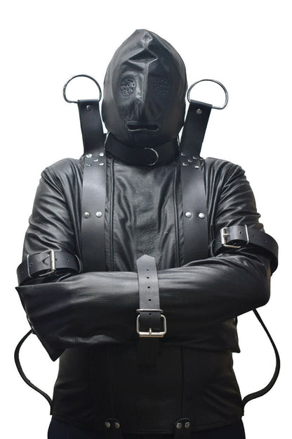 Genuine Leather Suspension Straitjacket With Heavy Duty Shoulder Belts And Removable Hood
