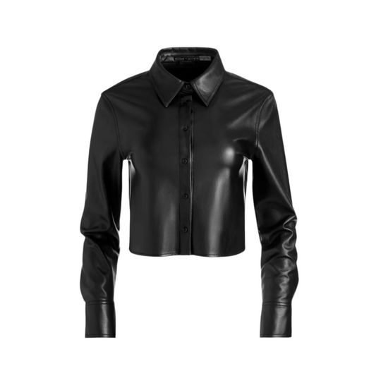 our Genuine Leather Button Down Cropped Shirt, handmade with premium stitching. Crafted from genuine leather, featuring a collar and full sleeves for timeless style. Shop now! Size inclusive 