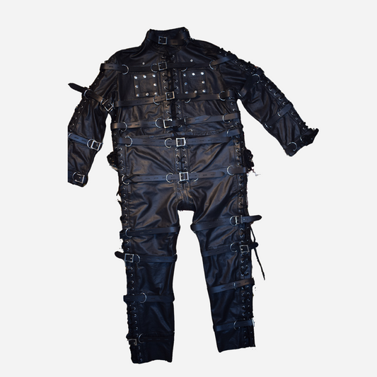 Black Genuine Leather durable set features an adjustable belt, detachable chest flaps, and a laced closure.