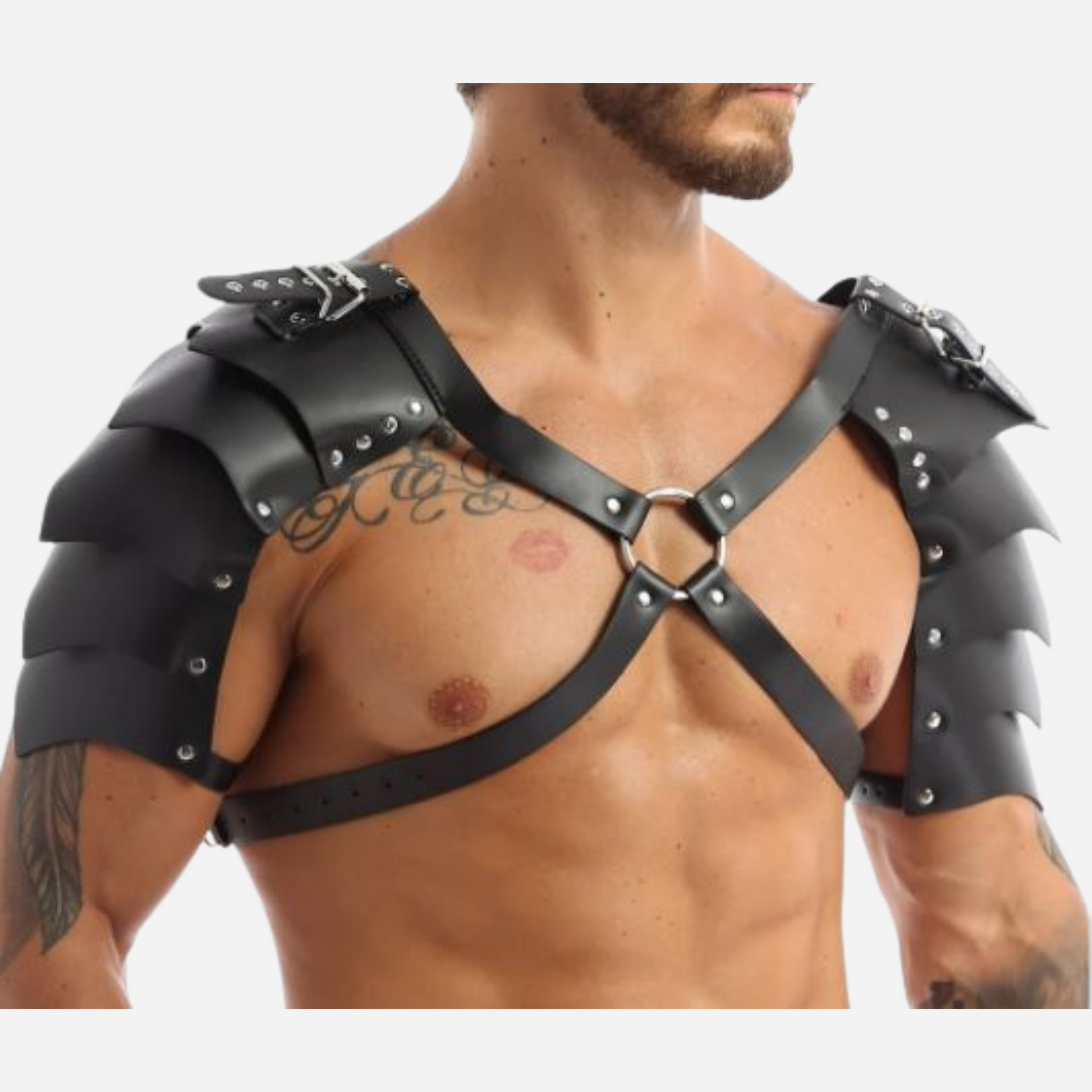 Our Premium Black Leather Shoulder and Chest Harness, featuring adjustable straps and intricate steampunk design. Perfect for costumes. Explore our collection of steampunk accessories and leather harness to complete your look!