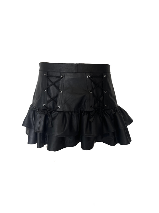 Black genuine leather mini skirt with lace-up detailing and ruffle hem