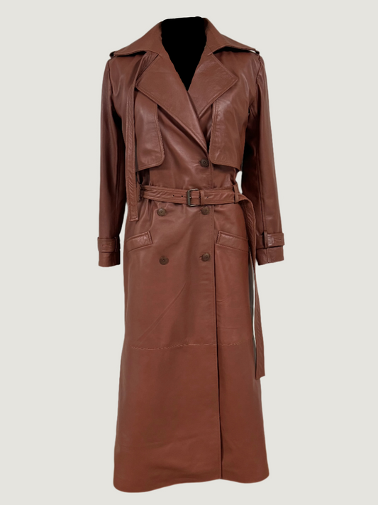 Front View: Brown leather double-breasted trench coat with belt and lapel collar