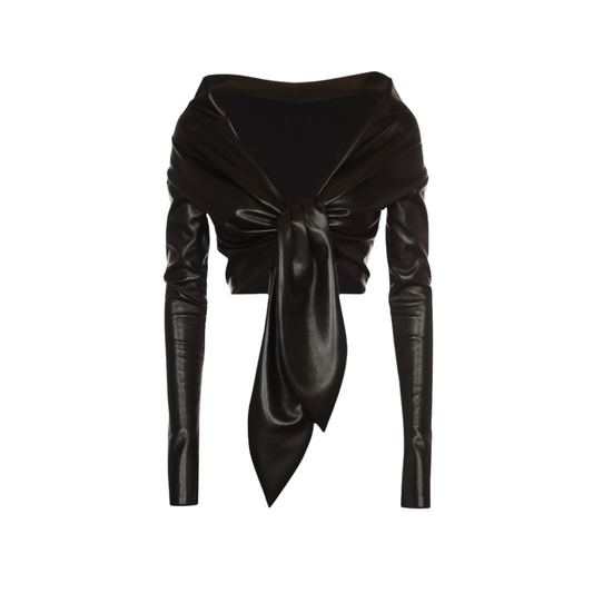 Make a statement with our Chic Black Leather Top featuring a front knot style and deep V-neck. With fitted full sleeves, this top exudes sophistication and style. Handmade from genuine leather, and cut with premium stitching.