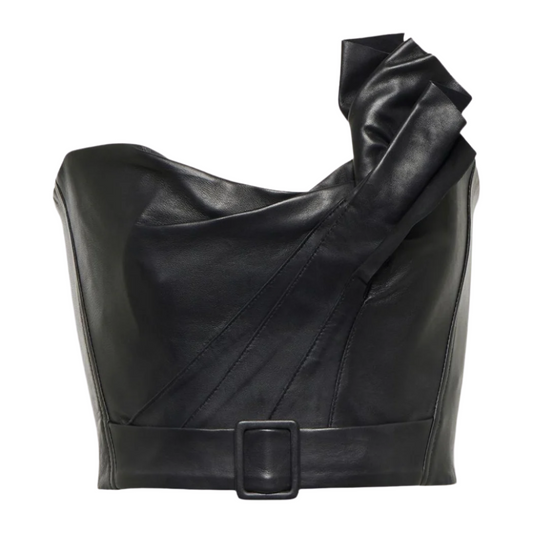 Our stunning Genuine Black Leather Bustier Crop Top, crafted with real genuine leather. Off-the-shoulder design with ruffles for chic elegance. Professionally handmade with attention to detail, it accentuates your curves for a flattering fit. It is a Versatile Style, Fashion Forward, Timeless Appeal and a Wardrobe Staple