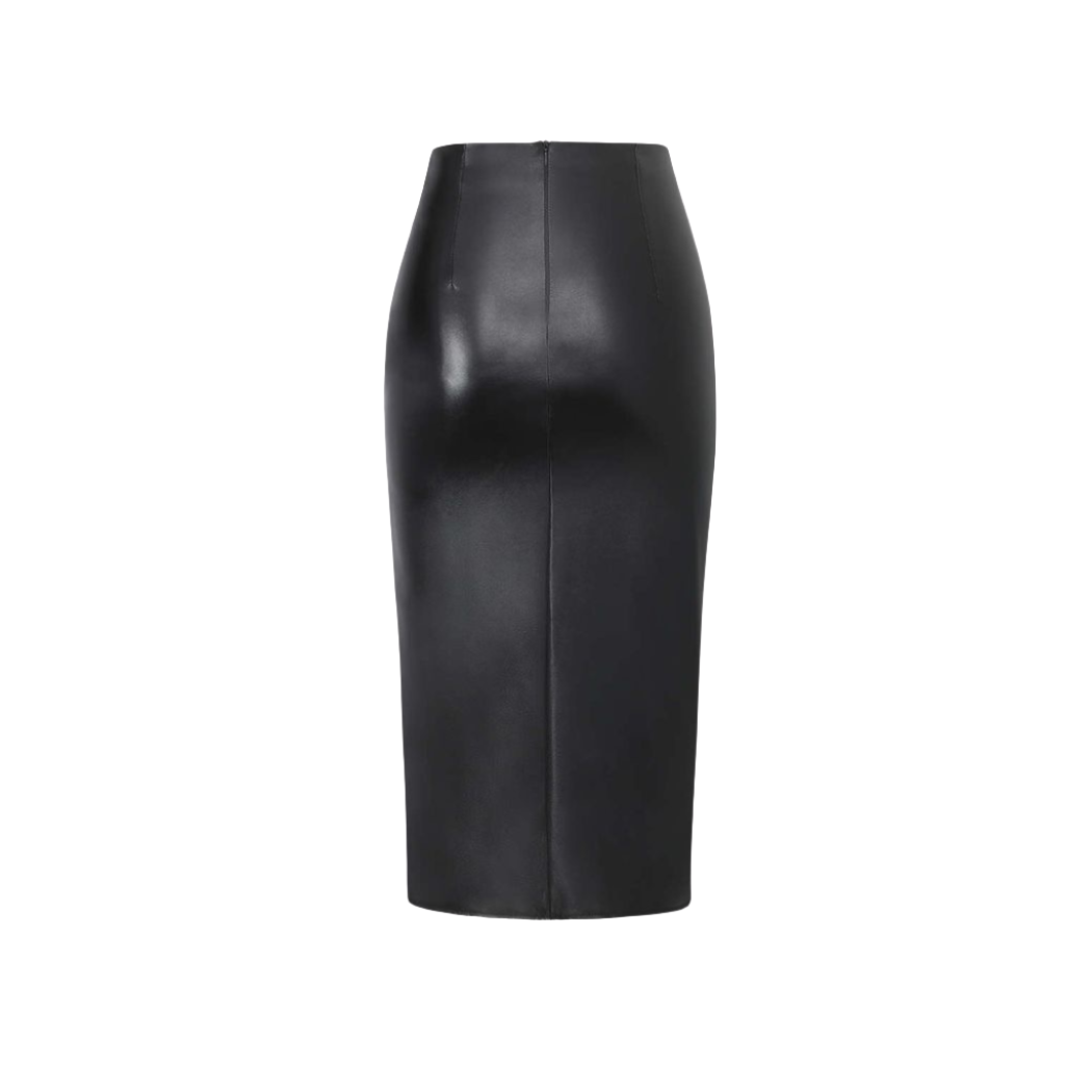  our Cicily Draped Genuine Leather Midi Skirt. Crafted from luxurious genuine leather, this midi leather skirt exudes effortless elegance with its draped design. Perfect for any occasion, it is a versatile leather skirt