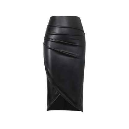  our Cicily Draped Genuine Leather Midi Skirt. Crafted from luxurious genuine leather, this midi leather skirt exudes effortless elegance with its draped design. Perfect for any occasion, it is a versatile leather skirt