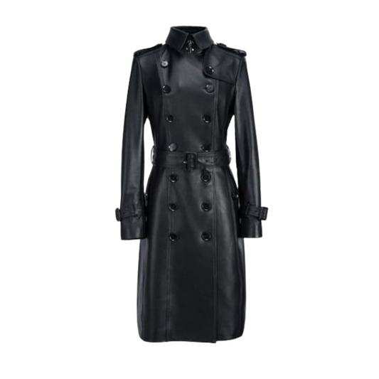 Stay warm and stylish this winter with our double-breasted genuine leather coat. Featuring a collar, waist belt, shoulder straps, and black buttons, this long coat is fully lined and perfect for cold days. Luxurious design with wrist belt details for a chic look.