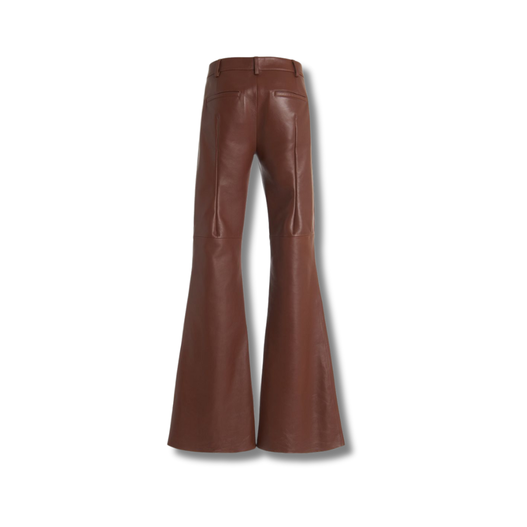 Discover comfort and style with our Earl Flare Leather Pants in brown. Featuring two back pockets, two darts for a perfect fit, and a hidden fly, these leather pants are crafted from smooth leather for a sleek and comfortable look. This leather pant executes luxury and class because of its craftsmanship. 