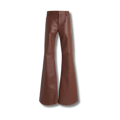 Discover comfort and style with our Earl Flare Leather Pants in brown. Featuring two back pockets, two darts for a perfect fit, and a hidden fly, these leather pants are crafted from smooth leather for a sleek and comfortable look. This leather pant executes luxury and class because of its craftsmanship. 