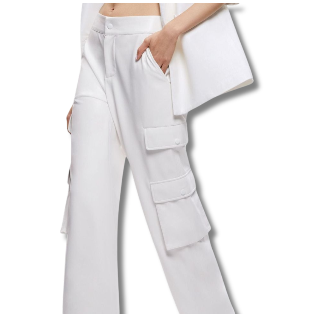 Our Trendy White cargo Leather Pants. Featuring four cargo pockets, front slash pockets, and back pockets, these sleek leather pants are perfect for formal occasions or daily wear. Handmade from genuine leather with premium stitching. Shop now!