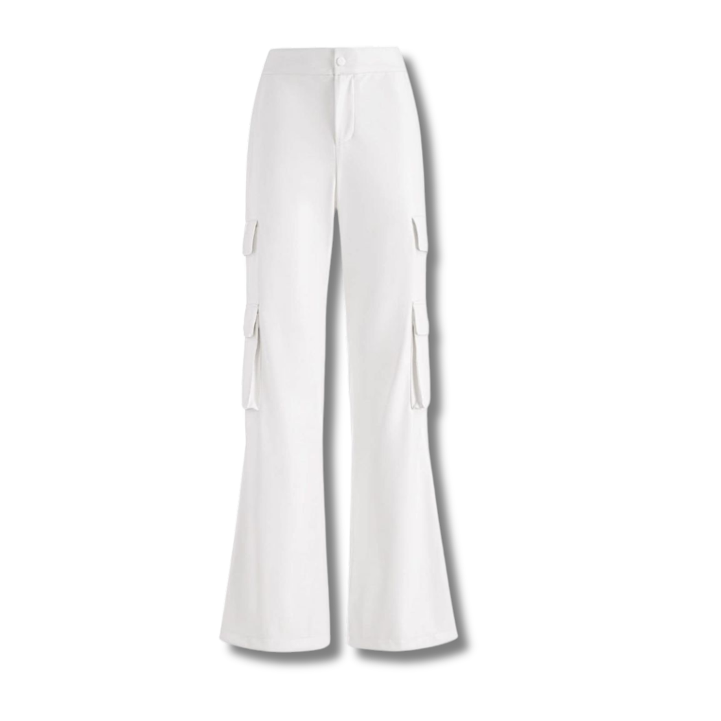 Our Trendy White cargo Leather Pants. Featuring four cargo pockets, front slash pockets, and back pockets, these sleek leather pants are perfect for formal occasions or daily wear. Handmade from genuine leather with premium stitching. Shop now!