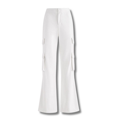 Our Trendy White cargo Leather Pants. Featuring four cargo pockets, front slash pockets, and back pockets, these sleek leather pants are perfect for formal occasions or daily wear. Handmade from genuine leather with premium stitching. Shop now!