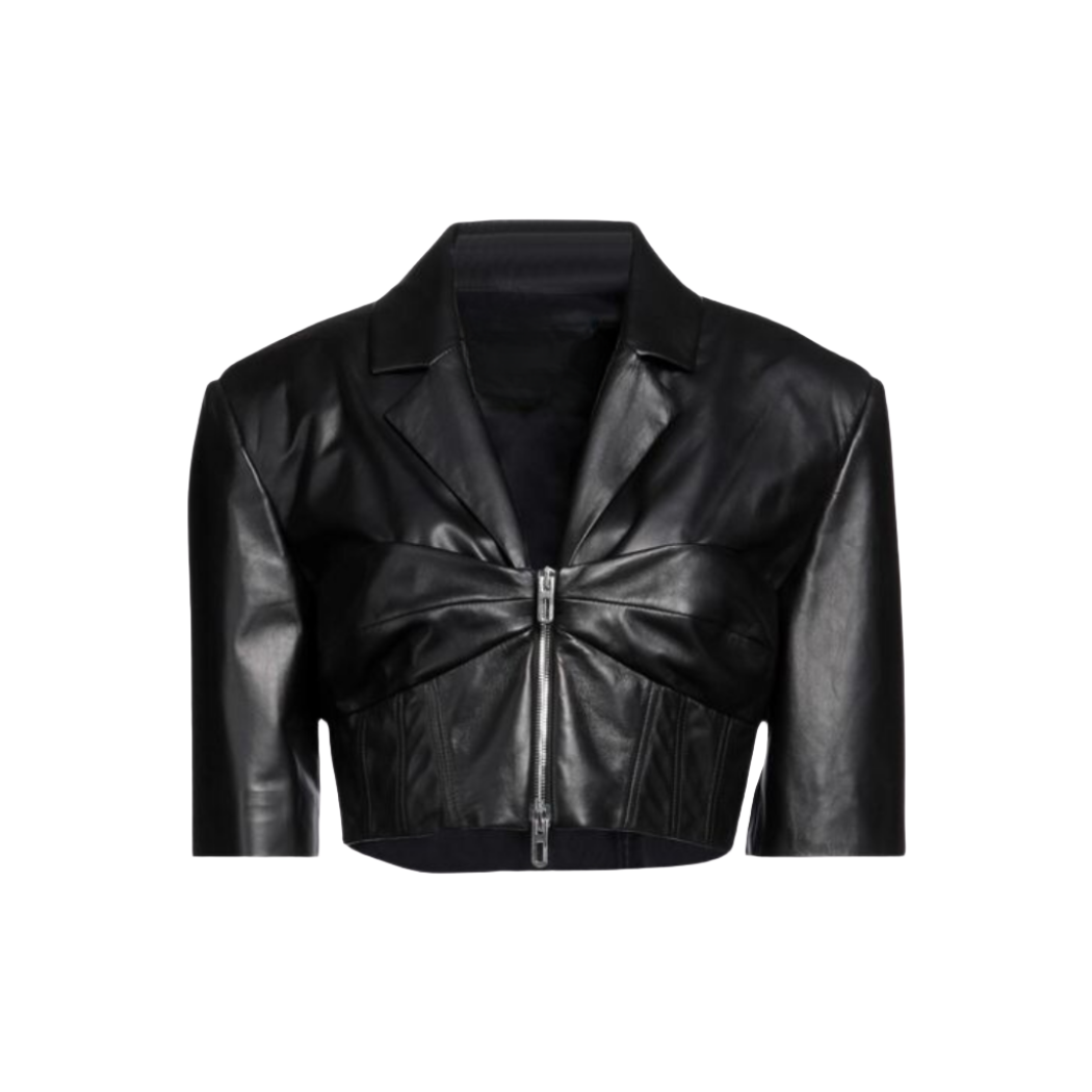 our Cute and Elegant Genuine Leather Crop Top featuring a midi sleeve, lapel collar, and bust bow detailing. Complete with a center front YKK zipper closure for easy wear.