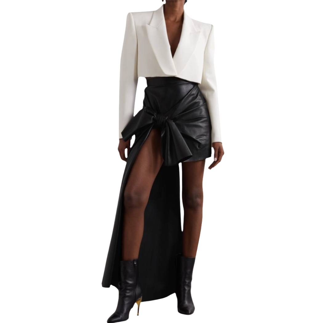 Elevate your style with our sophisticated genuine leather mini skirt featuring exquisite bow and ruched details. Handmade with premium stitching and cutting, this leather skirt exudes luxury and elegance.