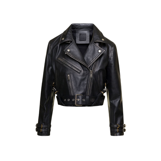 Upgrade your wardrobe with our zip-up leather jacket featuring a lapel collar, zipper pockets, cuff details, and waist belt. Crafted from premium leather, this versatile leather jacket exudes sophistication and durability. Shop now for the perfect blend of style and functionality of our women's leather jacket 