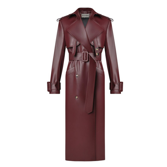 Discover our burgundy genuine leather trench coat, featuring a lapel collar, adjustable waist belt, double-breasted design, and two front slash pockets. This full-length leather trench coat combines elegance and functionality, perfect for any occasion. Shop custom sizing at Movenera!