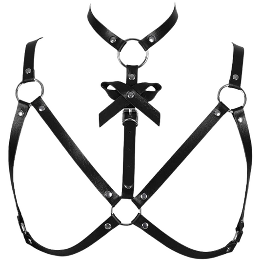 Make a bold statement with our Alluring Leather Harness Bra featuring a bow detail neck choker and O-ring connected genuine leather straps. Crafted for allure and sophistication. Shop now!