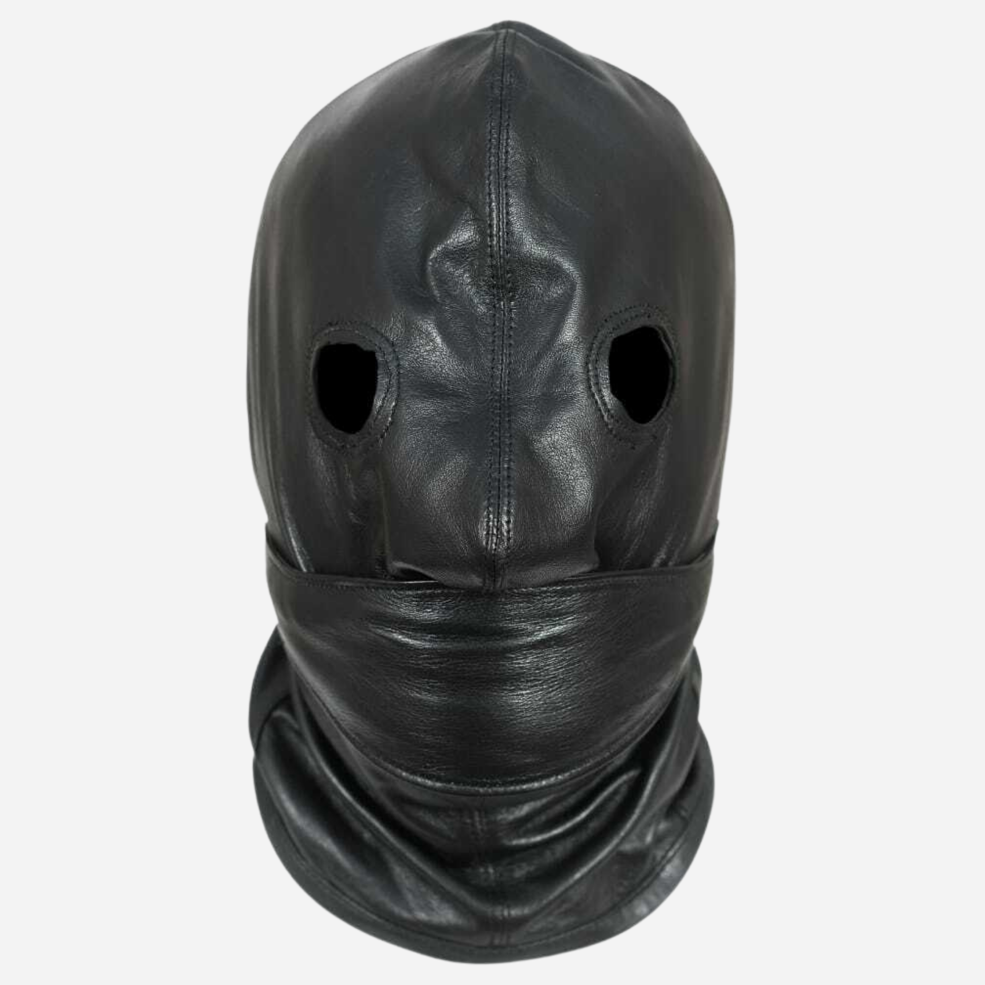 Black Leather hood mask with detachable blind fold and mouth strap.