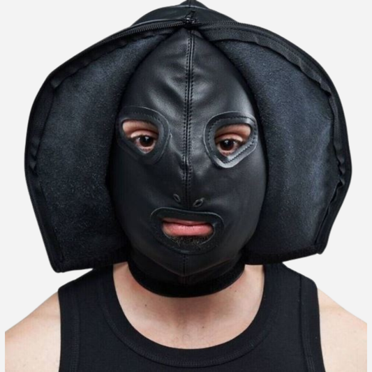 Genuine Leather Hood Mask with double layer, lace up back bdsm hood.