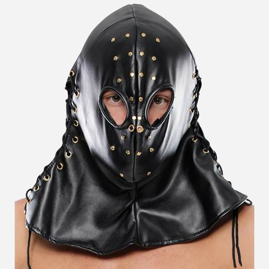 Genuine Leather Hood Mask With lace up sides and opened eyes.