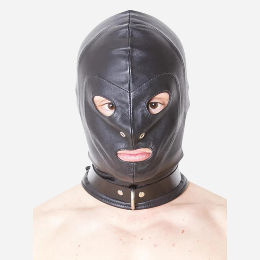 Genuine Leather Fetish hood with cut out eye, nose and mouth holes & lacing at the back.