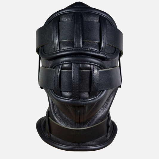 Genuine Leather Hood mask with lace up back & detachable blind fold, mouth gag. 