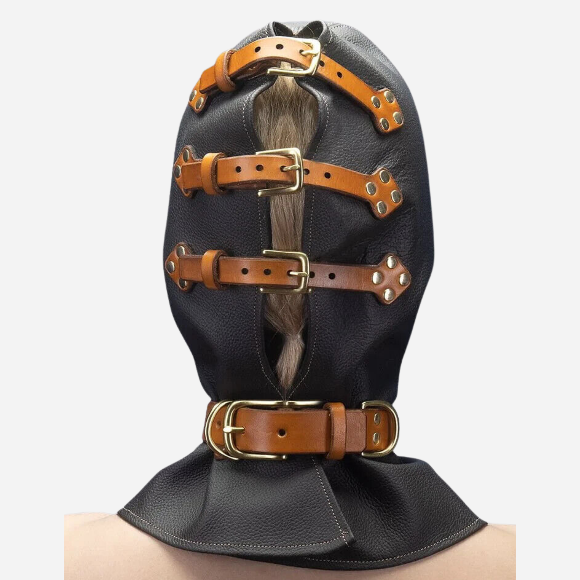 Real Leather bondage Air tight Hood Mask, featuring adjustable collar with attached D-ring. 