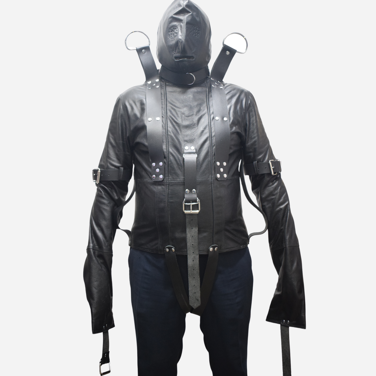 Real Leather Straight jacket with zipper back and removable hood.