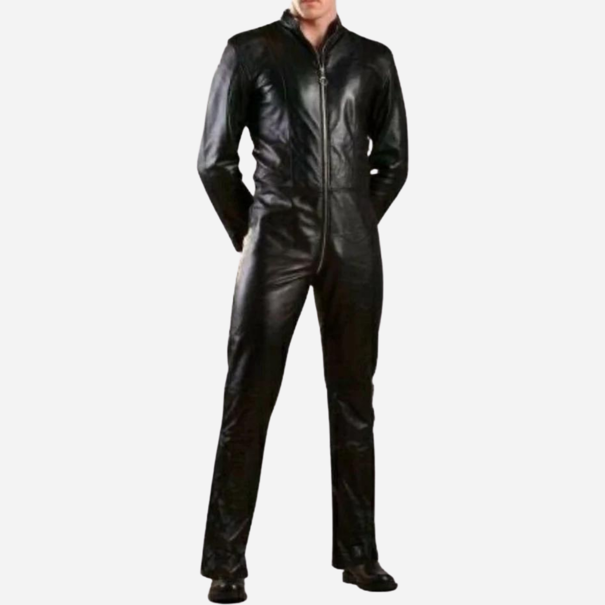 Premium Genuine Leather Jumpsuit. Featuring a sleek black color, soft leather, and a mock collar.